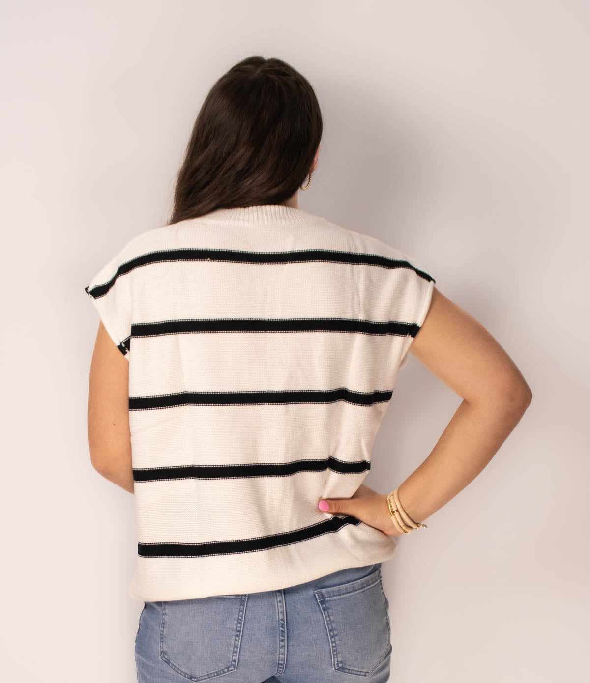 White Striped Center Seamed Short Sleeve Sweater