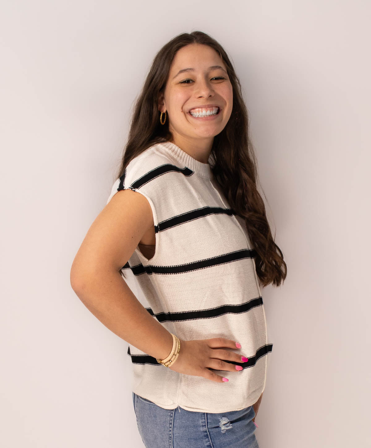 White Striped Center Seamed Short Sleeve Sweater