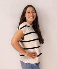 White Striped Center Seamed Short Sleeve Sweater