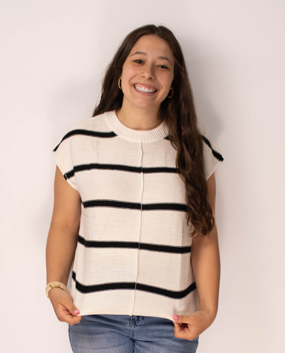 White Striped Center Seamed Short Sleeve Sweater