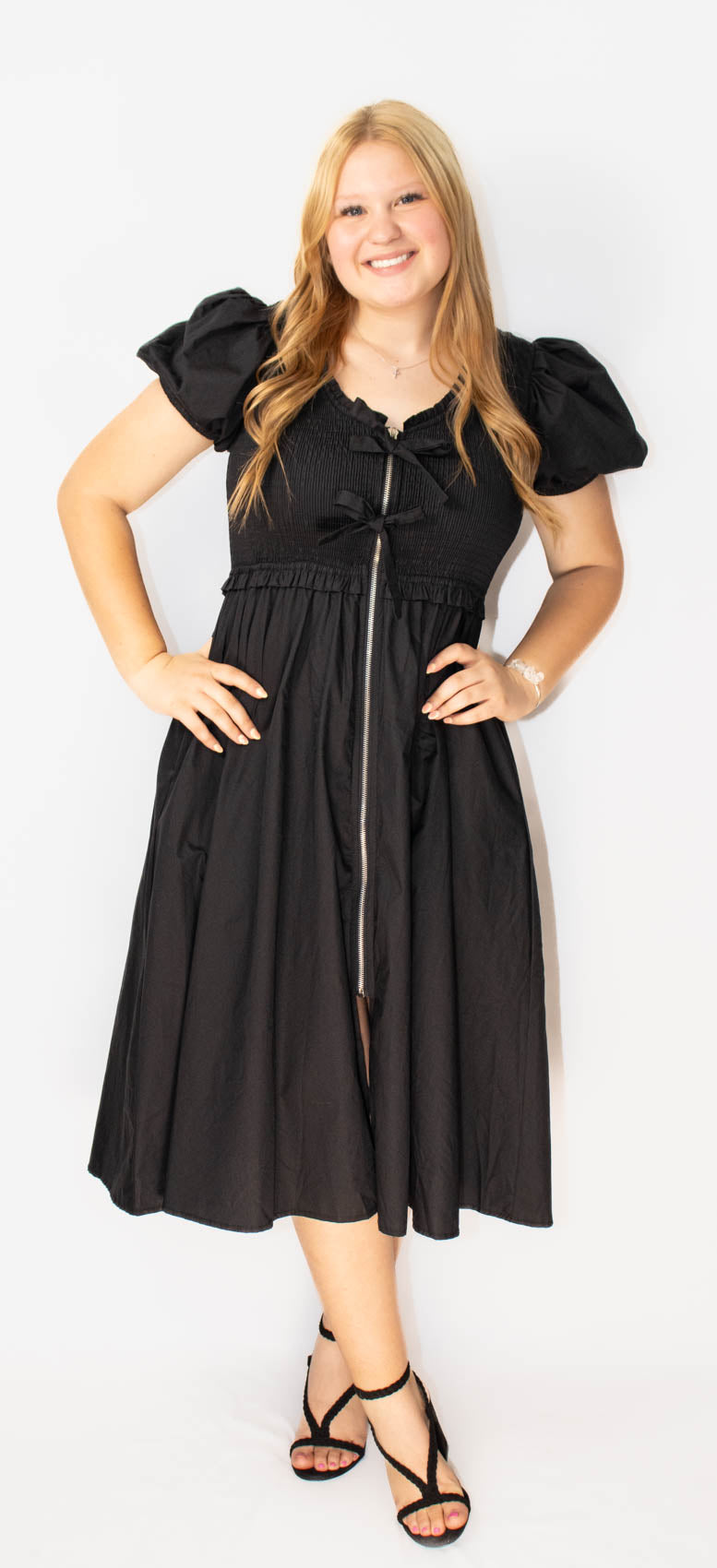 Short Puff Sleeve Front Bow Tie and Zipper Woven Midi Dress With Pockets-Black