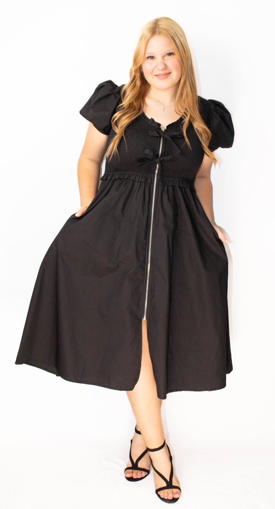 Short Puff Sleeve Front Bow Tie and Zipper Woven Midi Dress With Pockets-Black