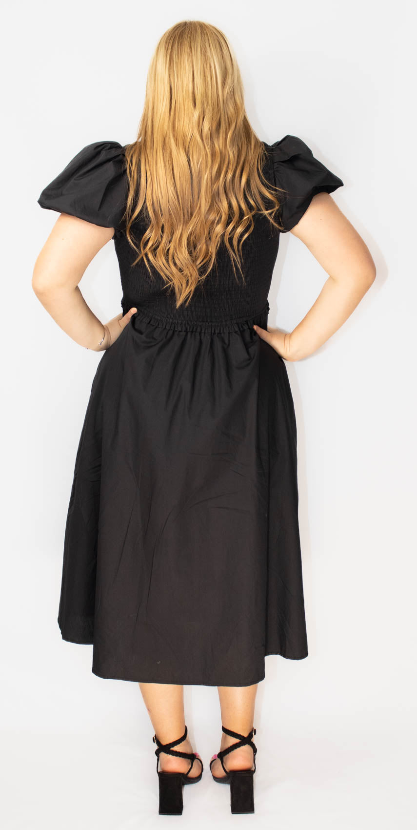 Short Puff Sleeve Front Bow Tie and Zipper Woven Midi Dress With Pockets-Black