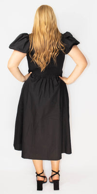 Short Puff Sleeve Front Bow Tie and Zipper Woven Midi Dress With Pockets-Black