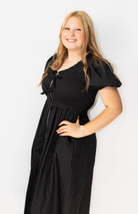 Short Puff Sleeve Front Bow Tie and Zipper Woven Midi Dress With Pockets-Black