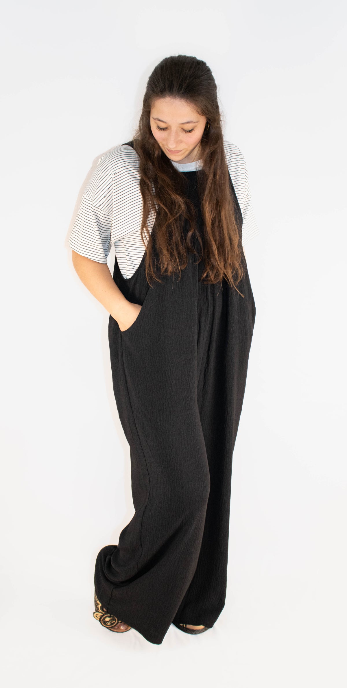 Solid Button Sling Jumpsuit- Black