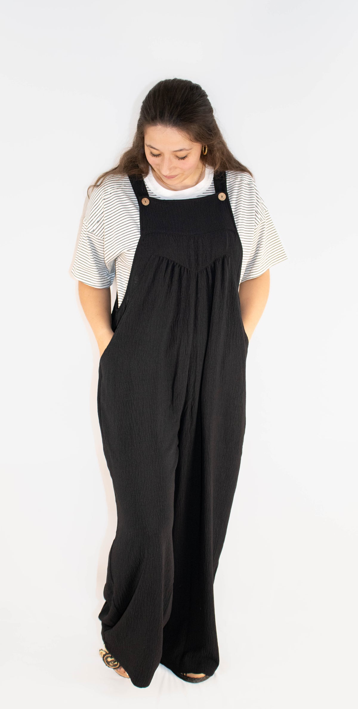 Solid Button Sling Jumpsuit- Black