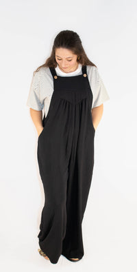 Solid Button Sling Jumpsuit- Black