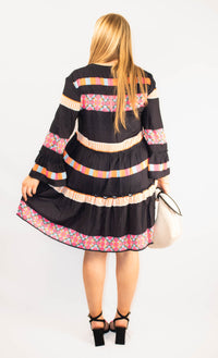 Black Geometric Print Ruffle Mini Dress