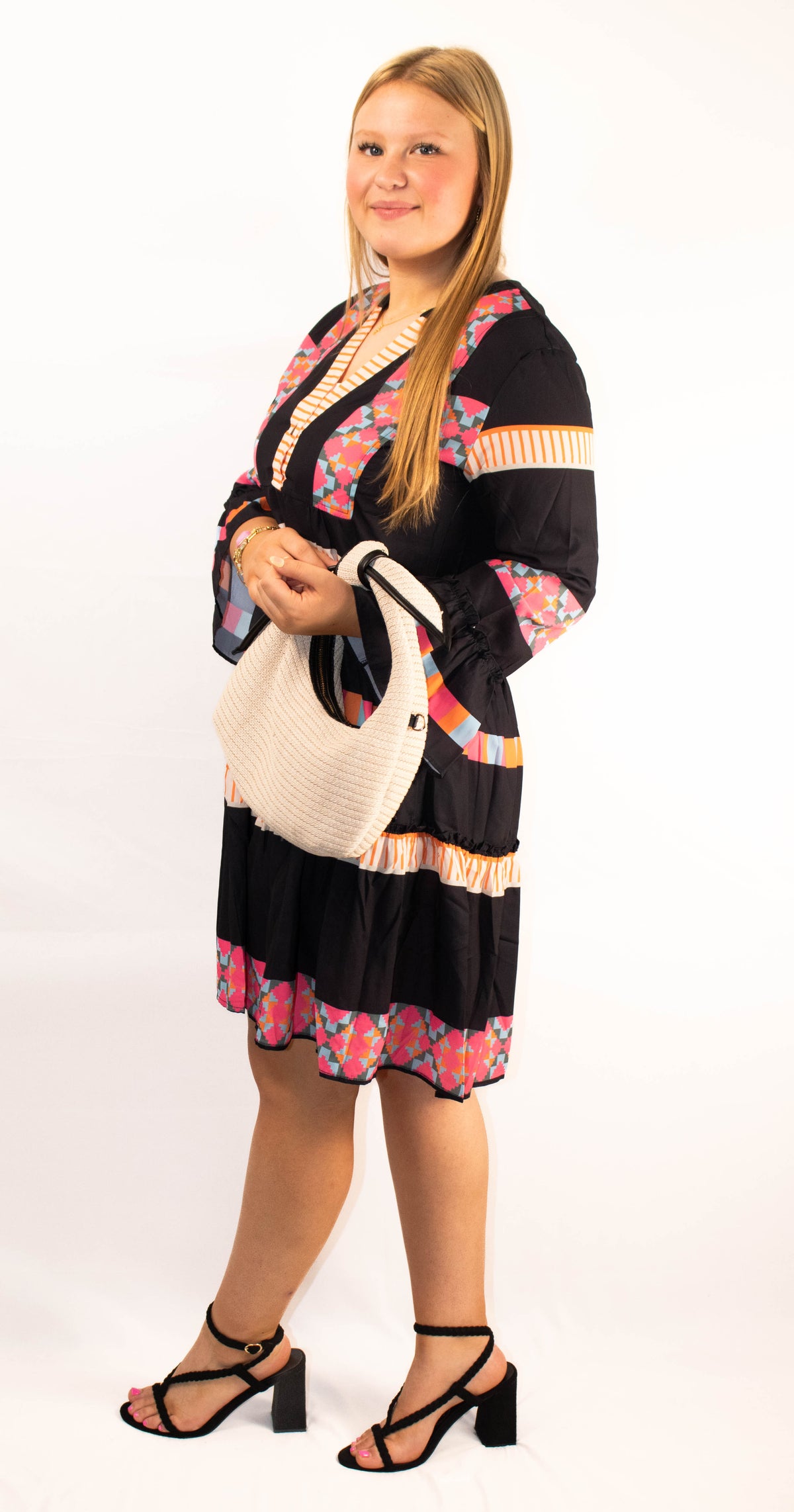 Black Geometric Print Ruffle Mini Dress