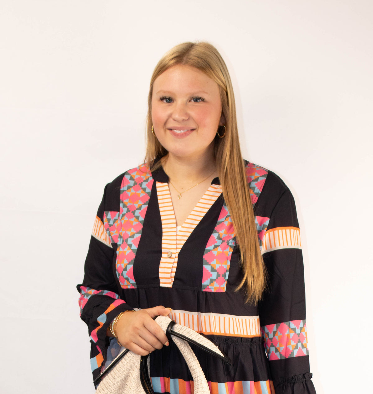 Black Geometric Print Ruffle Mini Dress