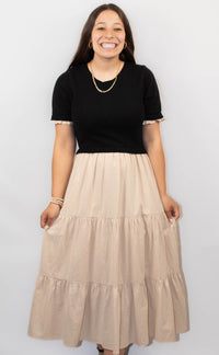Tiered Midi Dress With Sweater Top and Woven Skirt