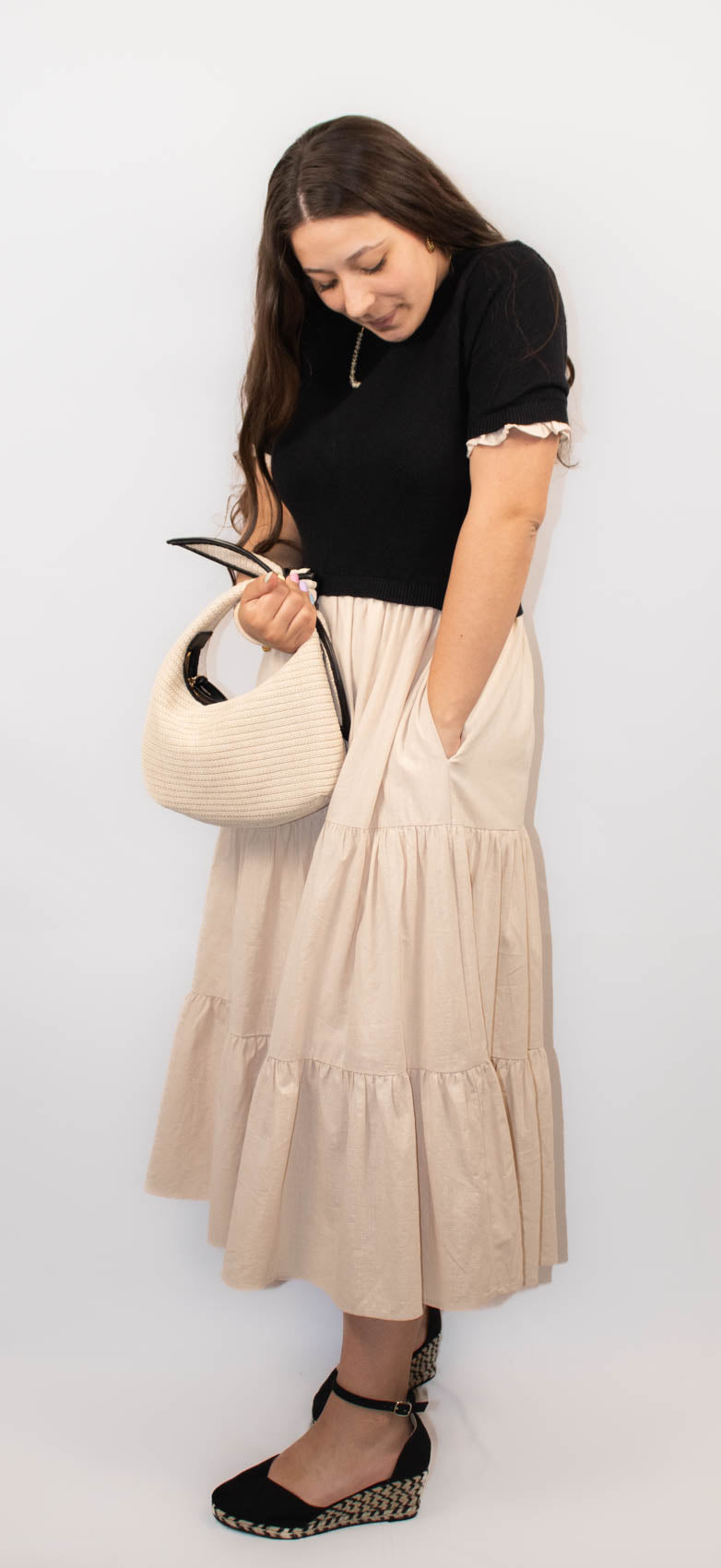 Tiered Midi Dress With Sweater Top and Woven Skirt