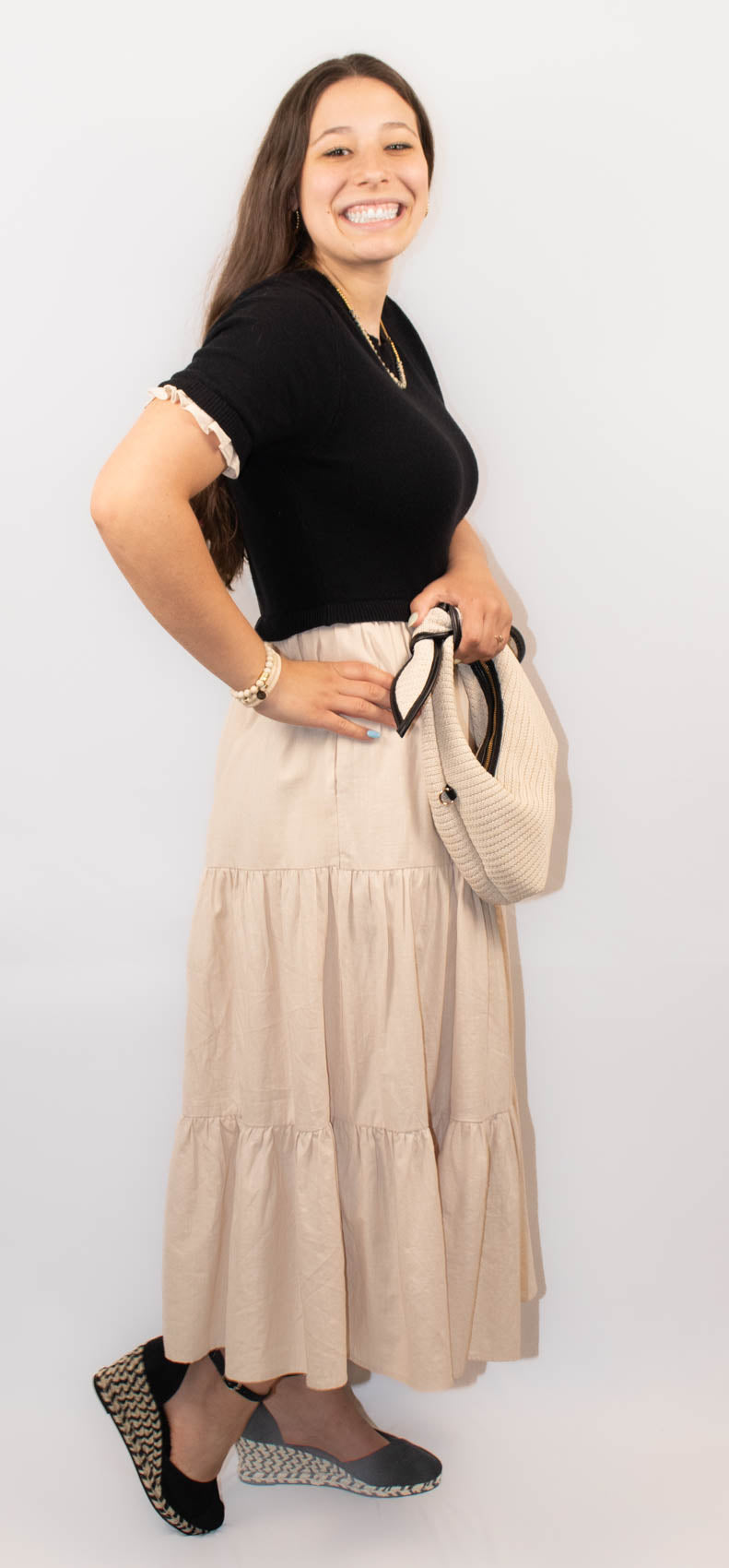 Tiered Midi Dress With Sweater Top and Woven Skirt