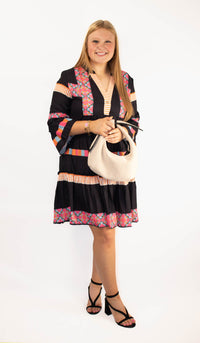 Black Geometric Print Ruffle Mini Dress