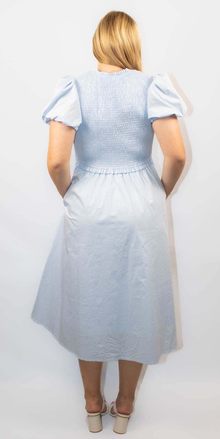 Short Puff Sleeve Front Bow Tie and Zipper Woven Midi Dress With Pockets-Blue