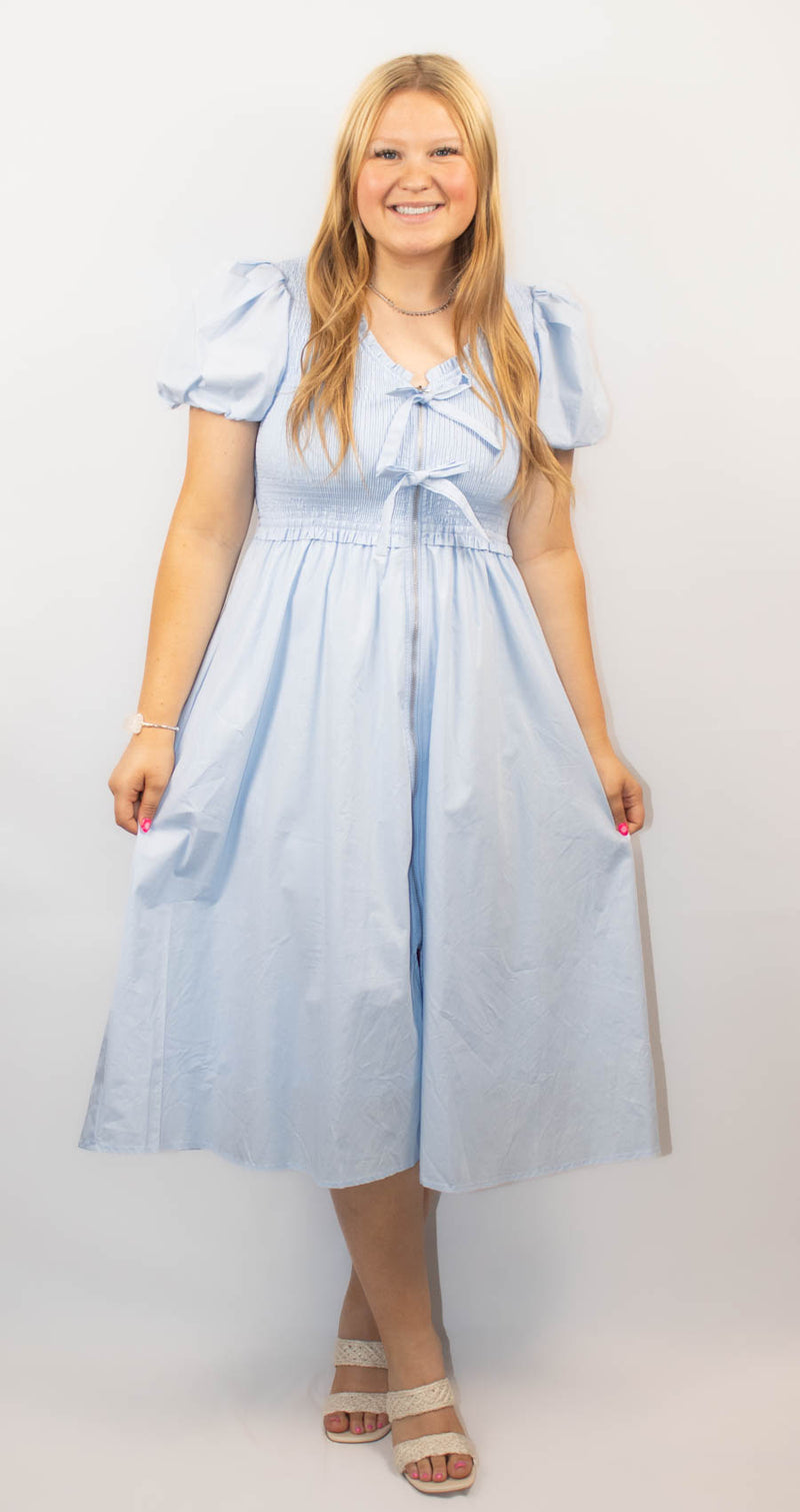 Short Puff Sleeve Front Bow Tie and Zipper Woven Midi Dress With Pockets-Blue