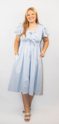Short Puff Sleeve Front Bow Tie and Zipper Woven Midi Dress With Pockets-Blue