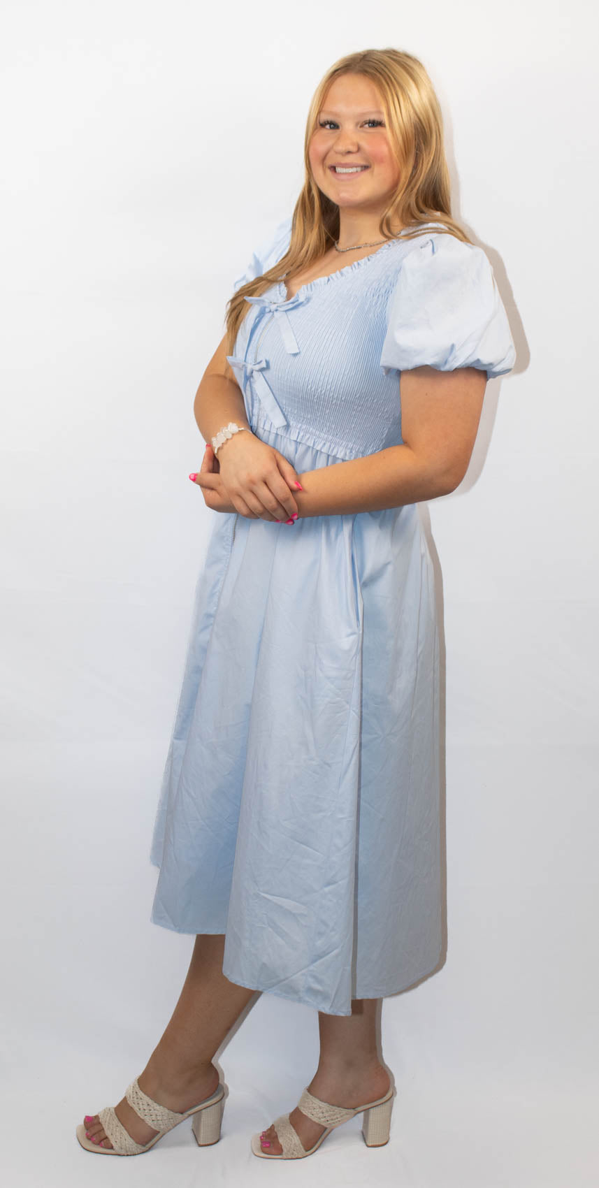 Short Puff Sleeve Front Bow Tie and Zipper Woven Midi Dress With Pockets-Blue