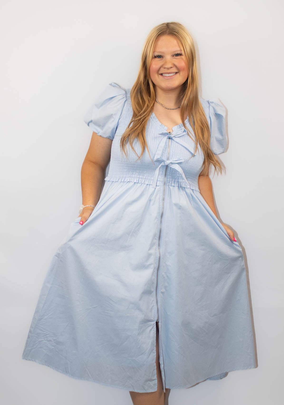 Short Puff Sleeve Front Bow Tie and Zipper Woven Midi Dress With Pockets-Blue