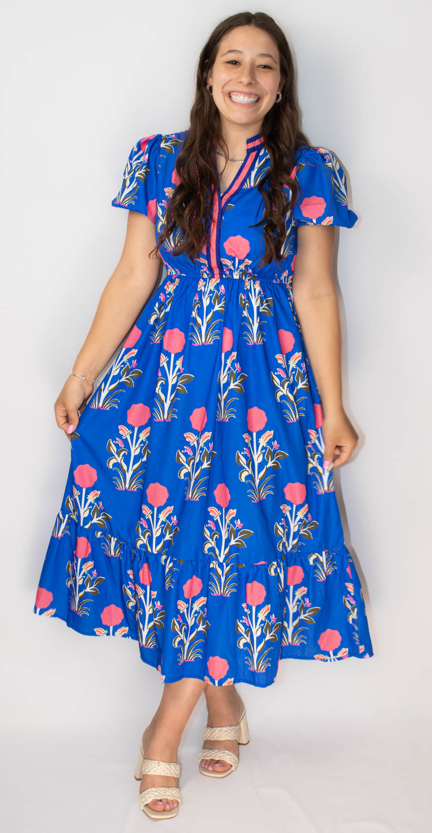 Blue Floral Ruffle Hem Midi Dress