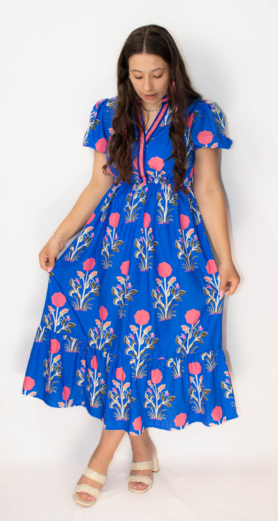 Blue Floral Ruffle Hem Midi Dress