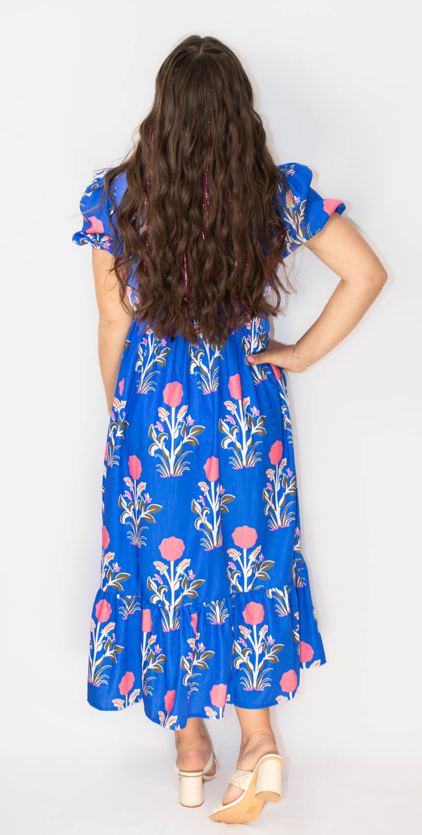 Blue Floral Ruffle Hem Midi Dress