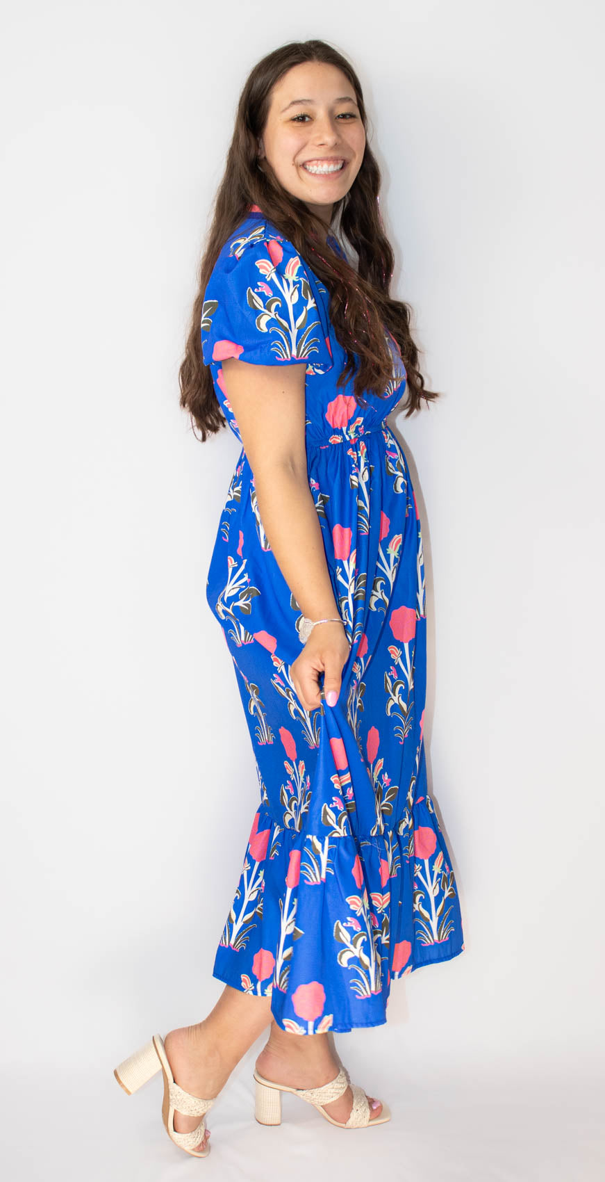 Blue Floral Ruffle Hem Midi Dress