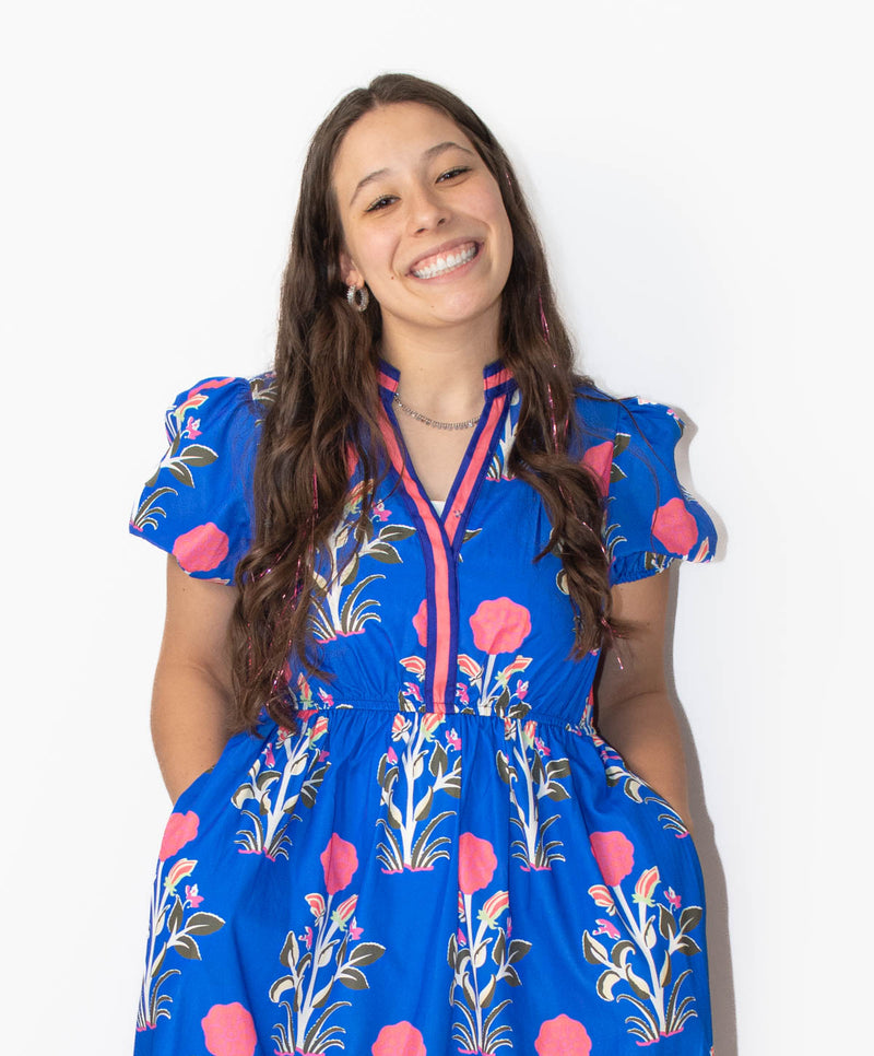 Blue Floral Ruffle Hem Midi Dress