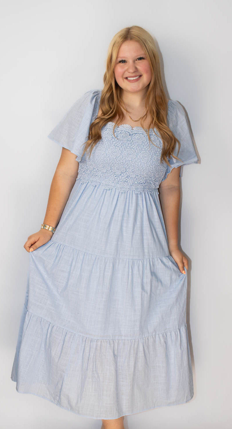 Tiered Floral Crochet Midi Dress with Flutter Sleeves- Pastel Blue