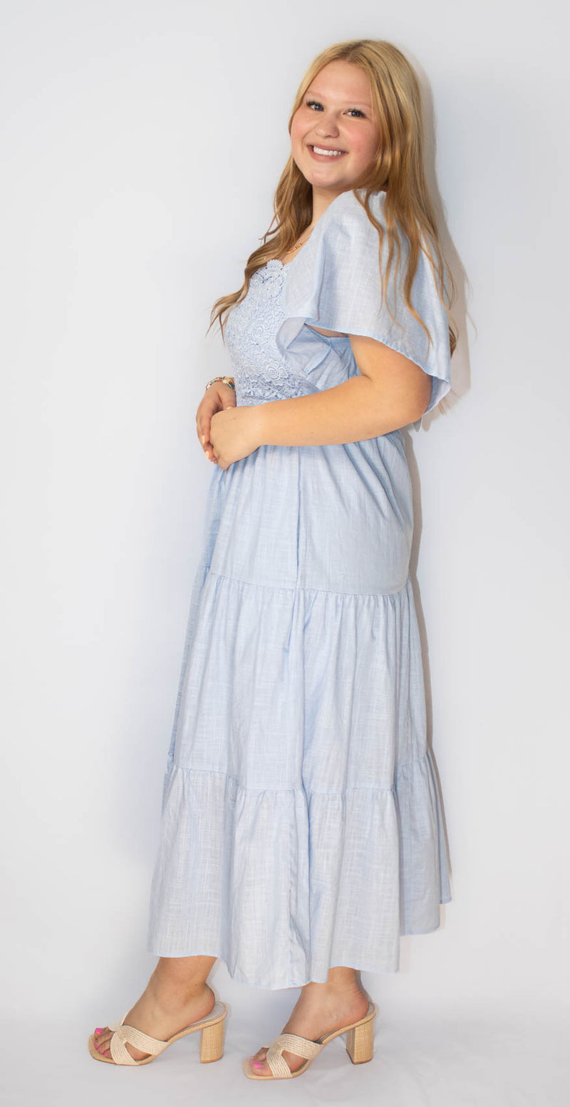 Tiered Floral Crochet Midi Dress with Flutter Sleeves- Pastel Blue