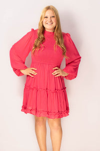 Long Sleeve Smocked Dress-Cherry Pink