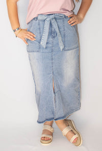 Light Wash Belted High Waist Denim Skirt