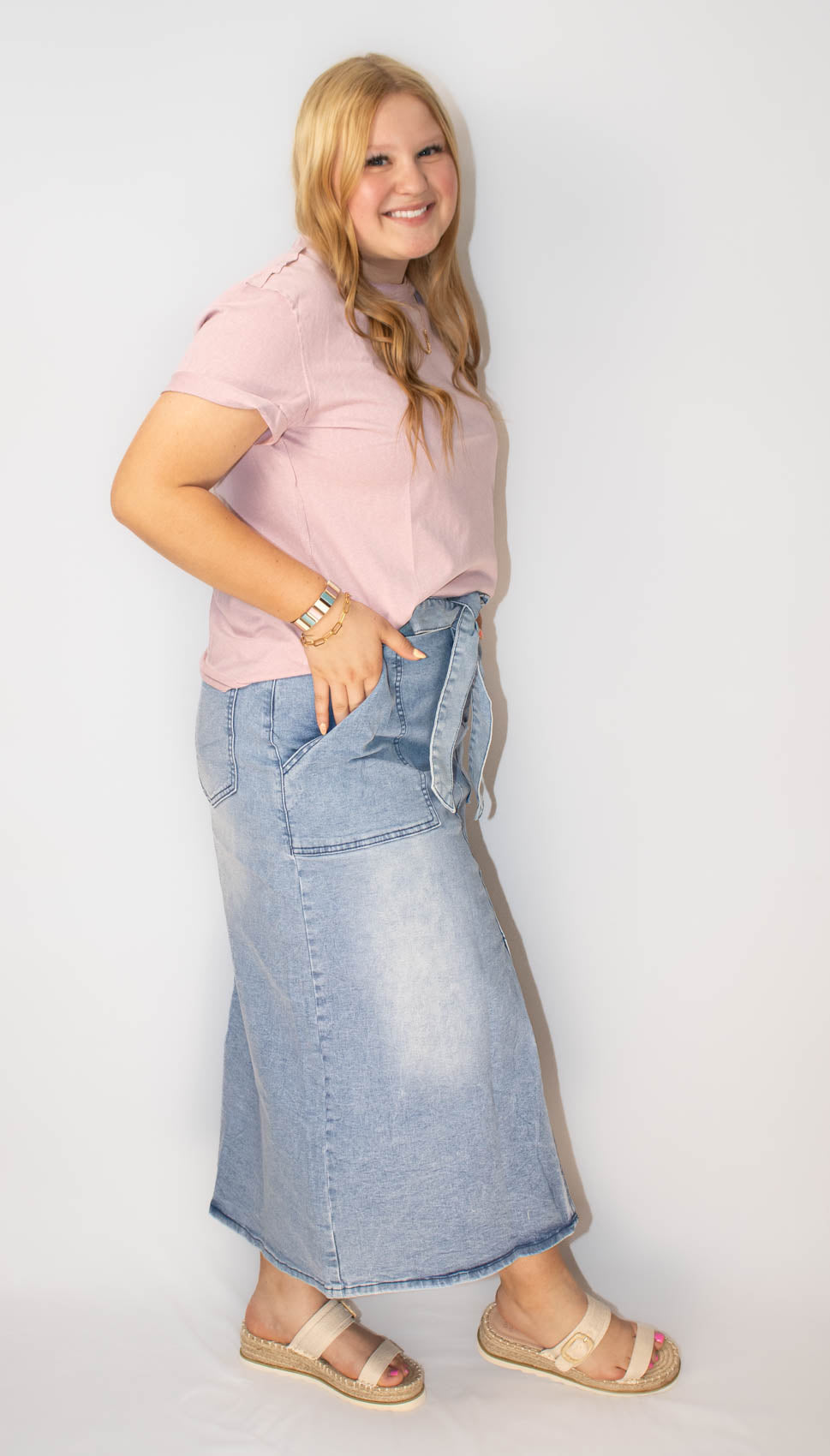 Light Wash Belted High Waist Denim Skirt