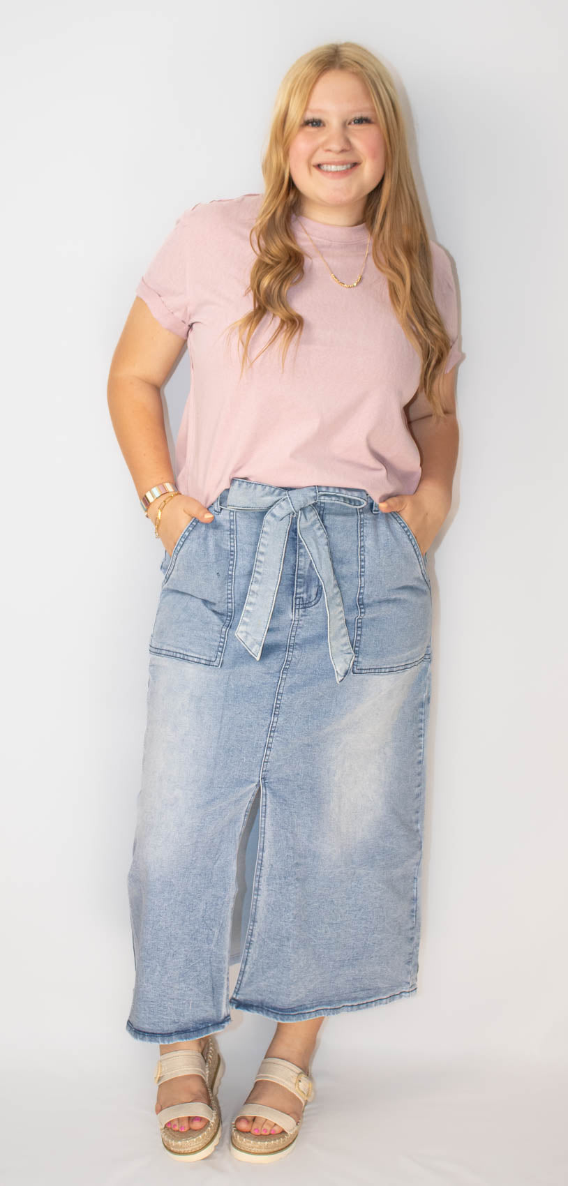 Light Wash Belted High Waist Denim Skirt