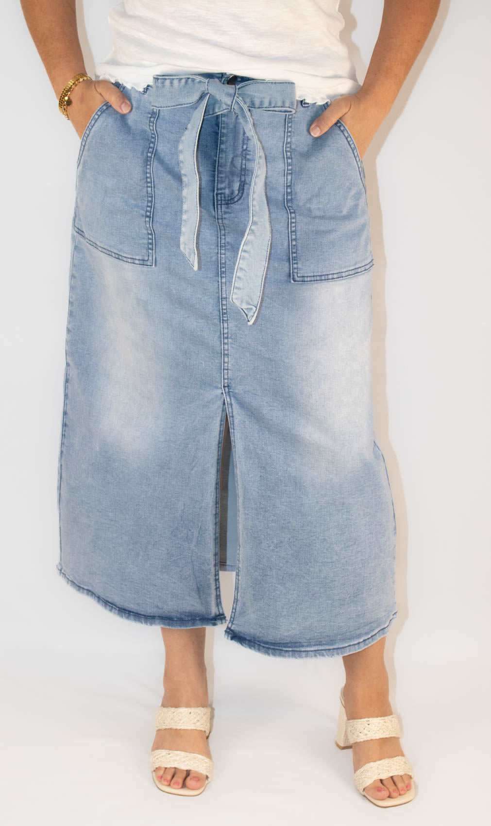 Light Wash Belted High Waist Denim Skirt