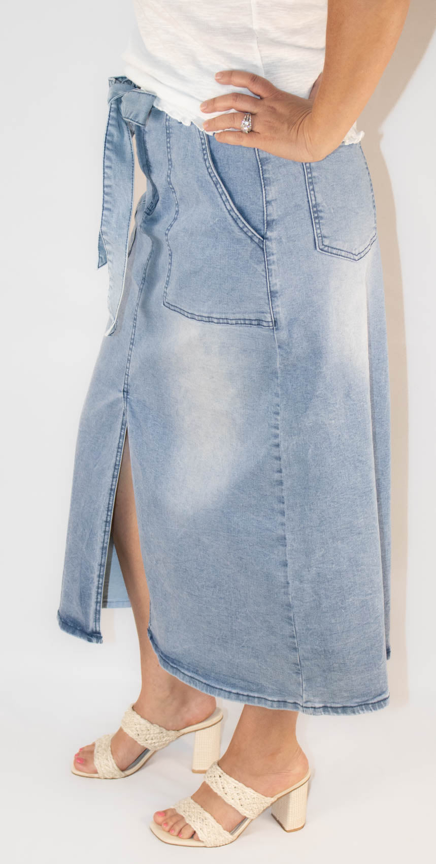 Light Wash Belted High Waist Denim Skirt