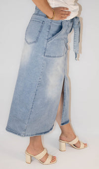 Light Wash Belted High Waist Denim Skirt