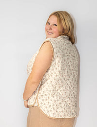 Floral Print Quilted Vest With Contrast Binding and Pockets