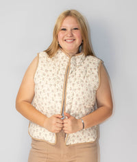 Floral Print Quilted Vest With Contrast Binding and Pockets