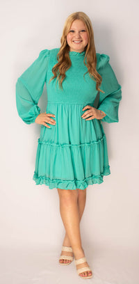 Long Sleeve Smocked Dress-Jade