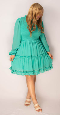 Long Sleeve Smocked Dress-Jade
