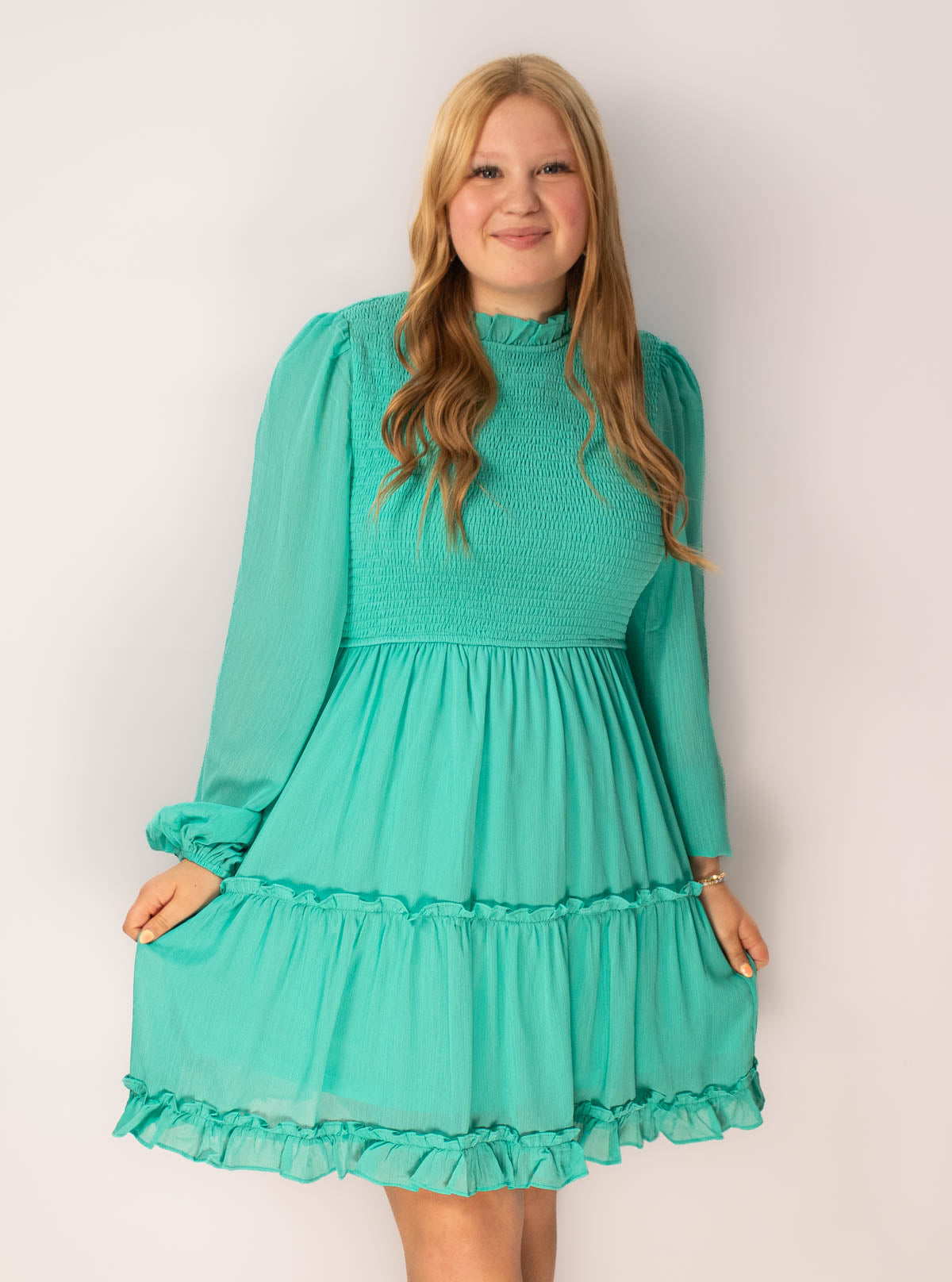 Long Sleeve Smocked Dress-Jade