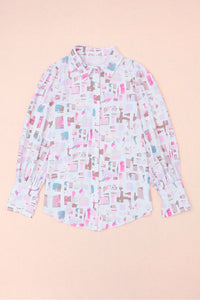 Multicolor Printed Collared Neck Long Sleeve Shirt