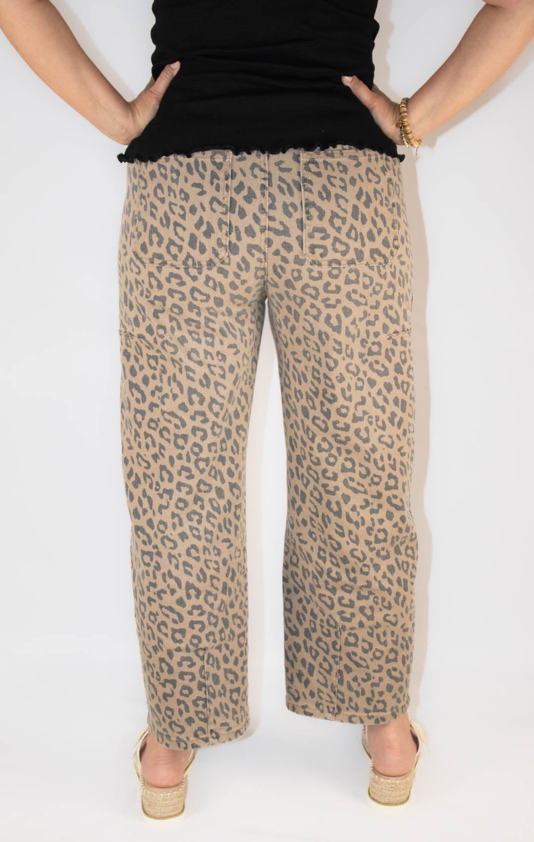 Leopard Print Drawstring Waist Wide Leg Jeans
