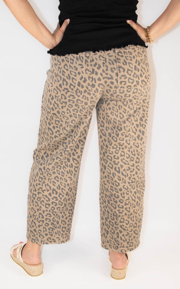 Leopard Print Drawstring Waist Wide Leg Jeans