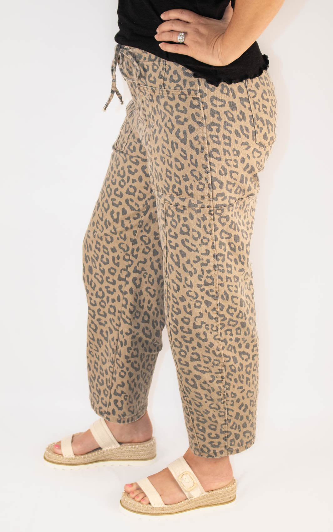 Leopard Print Drawstring Waist Wide Leg Jeans