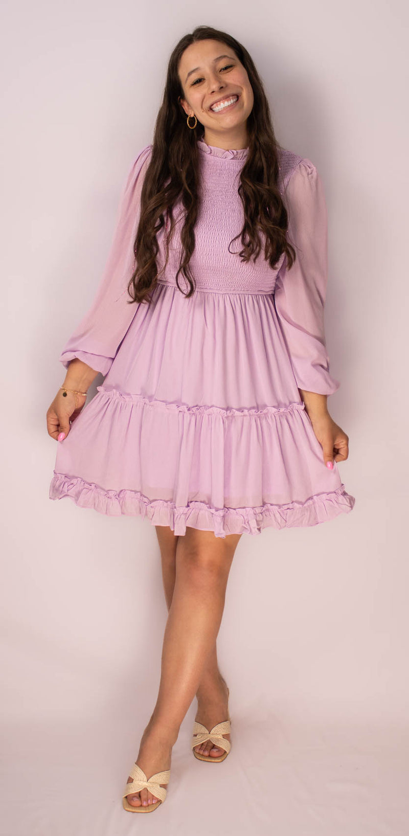 Long Sleeve Smocked Dress-Lilac