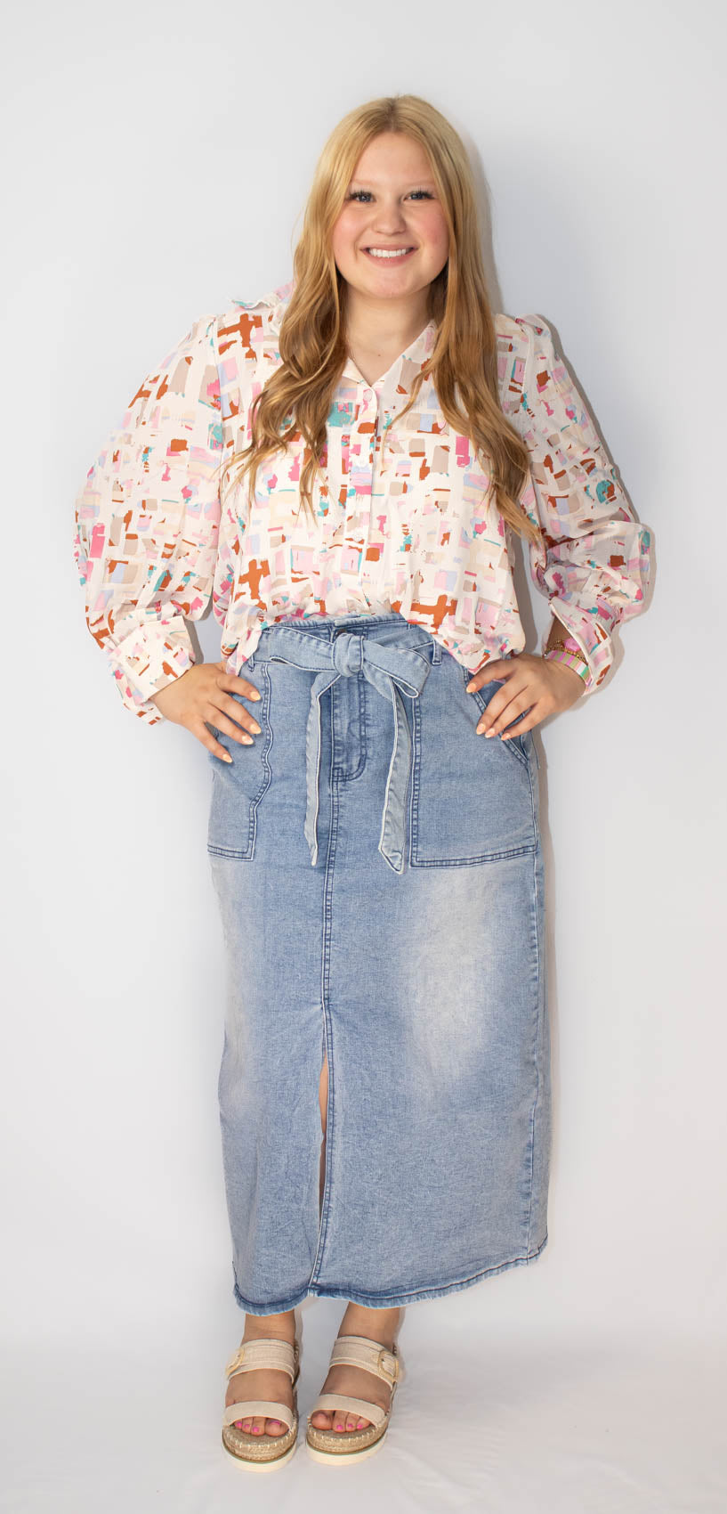 Multicolor Printed Collared Neck Long Sleeve Shirt