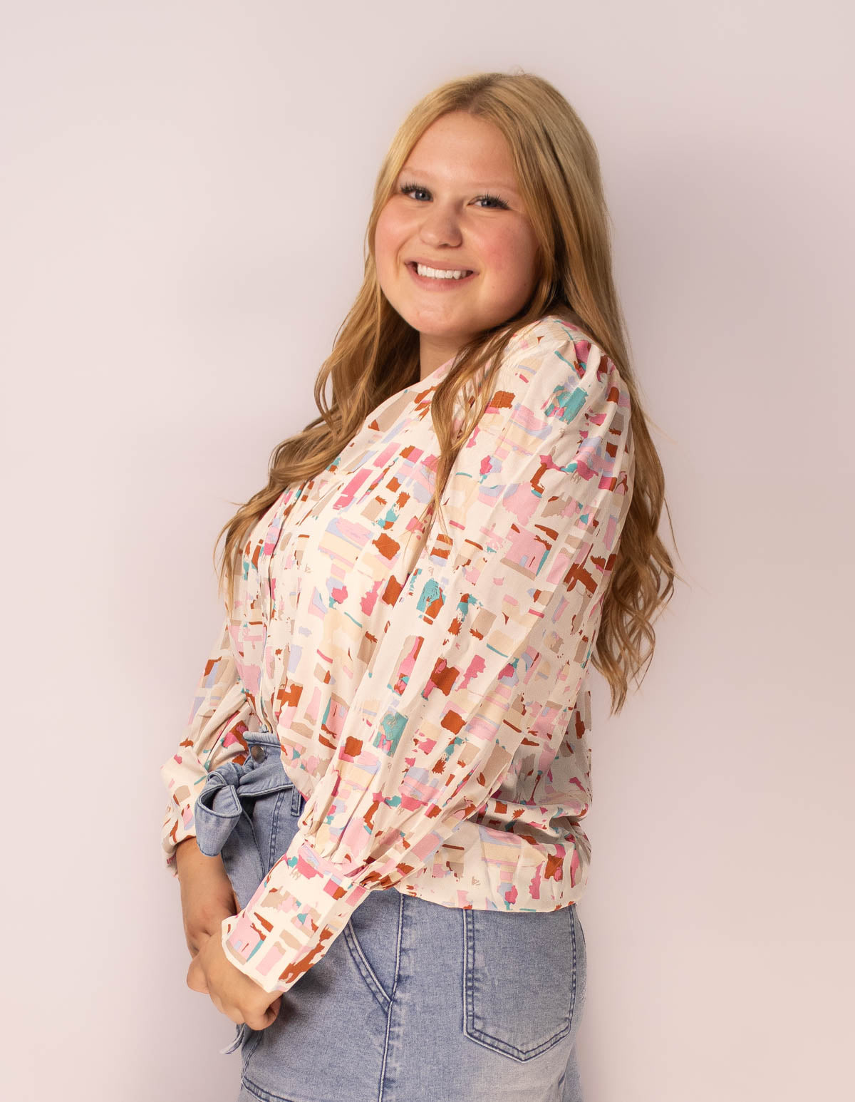 Multicolor Printed Collared Neck Long Sleeve Shirt